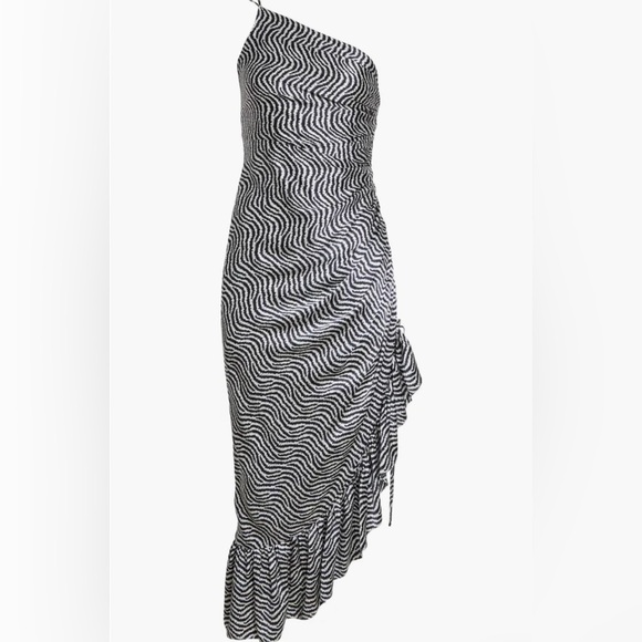 Cinq A Sept One Shoulder Asymmetric Ruffle Hem Silk Dress Size 2 Navy/Ivory NWT - Picture 4 of 12